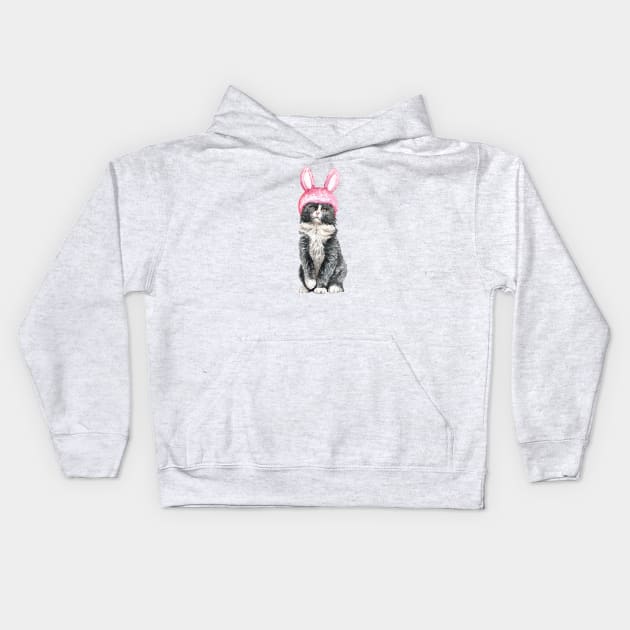 funny Watercolor Black & White Cat Wearing Rabbit Helmet Kids Hoodie by labatchino